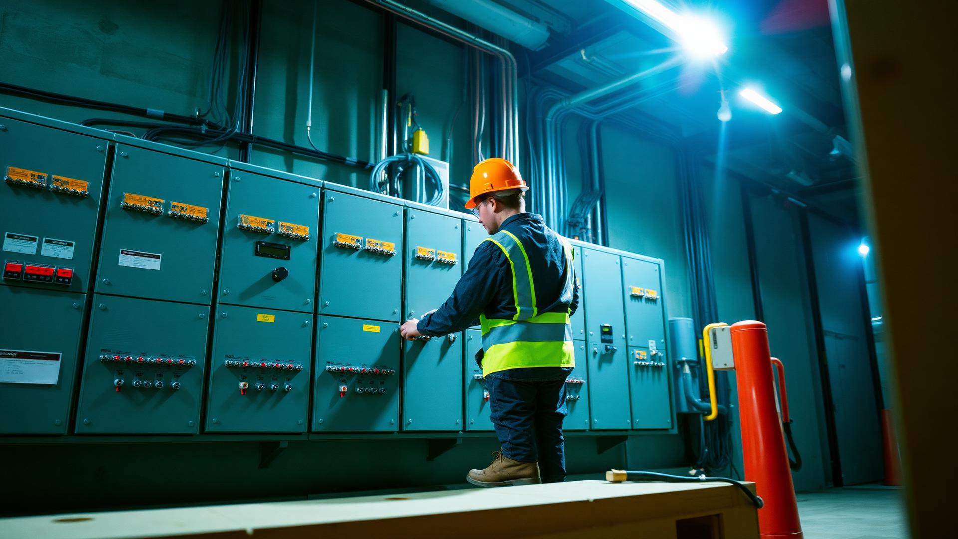 Electrician working on distribution panel